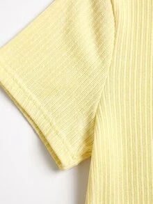 SHEIN Teen Girls T-Shirt Co-Ords Knitted Butter Yellow Pink Striped Round Neck Short Sleeve Fitted Matching Long Pants Casual Cute Set Party Birthday Summer - Multicolor - View 3