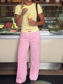 SHEIN Teen Girls T-Shirt Co-Ords Knitted Butter Yellow Pink Striped Round Neck Short Sleeve Fitted Matching Long Pants Casual Cute Set Party Birthday Summer - Multicolor - View 4