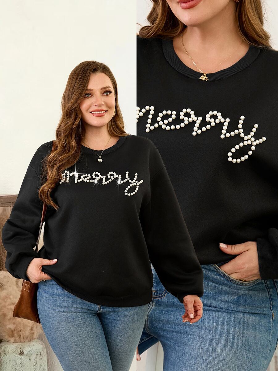 EMERY ROSE Sweatshirt Lengan Panjang Ukuran Plus Wanita, Kerah Bulat Warna Polos dengan Manik-Manik Gelembung, Cocok untuk Bepergian, Pakaian Sehari-hari, Liburan, Kencan Musim Gugur - Hitam - View 1