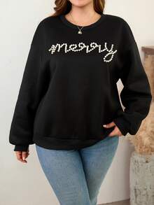 EMERY ROSE Sweatshirt Lengan Panjang Ukuran Plus Wanita, Kerah Bulat Warna Polos dengan Manik-Manik Gelembung, Cocok untuk Bepergian, Pakaian Sehari-hari, Liburan, Kencan Musim Gugur - Hitam - View 4