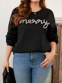 EMERY ROSE Sweatshirt Lengan Panjang Ukuran Plus Wanita, Kerah Bulat Warna Polos dengan Manik-Manik Gelembung, Cocok untuk Bepergian, Pakaian Sehari-hari, Liburan, Kencan Musim Gugur - Hitam - View 8