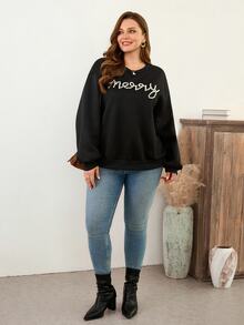 EMERY ROSE Sweatshirt Lengan Panjang Ukuran Plus Wanita, Kerah Bulat Warna Polos dengan Manik-Manik Gelembung, Cocok untuk Bepergian, Pakaian Sehari-hari, Liburan, Kencan Musim Gugur - Hitam - View 7