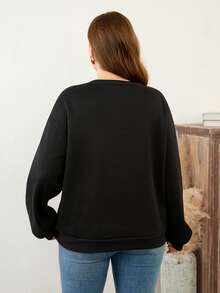 EMERY ROSE Sweatshirt Lengan Panjang Ukuran Plus Wanita, Kerah Bulat Warna Polos dengan Manik-Manik Gelembung, Cocok untuk Bepergian, Pakaian Sehari-hari, Liburan, Kencan Musim Gugur - Hitam - View 2