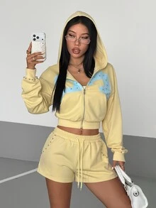 StreetHx Women's Autumn/Winter Y2K 2000s Casual Printed Design Metal Stud Streetwear 2 Pieces Set Everyday Lounge Gym Blue And Yellow Butter Yellow - Yellow - View 3