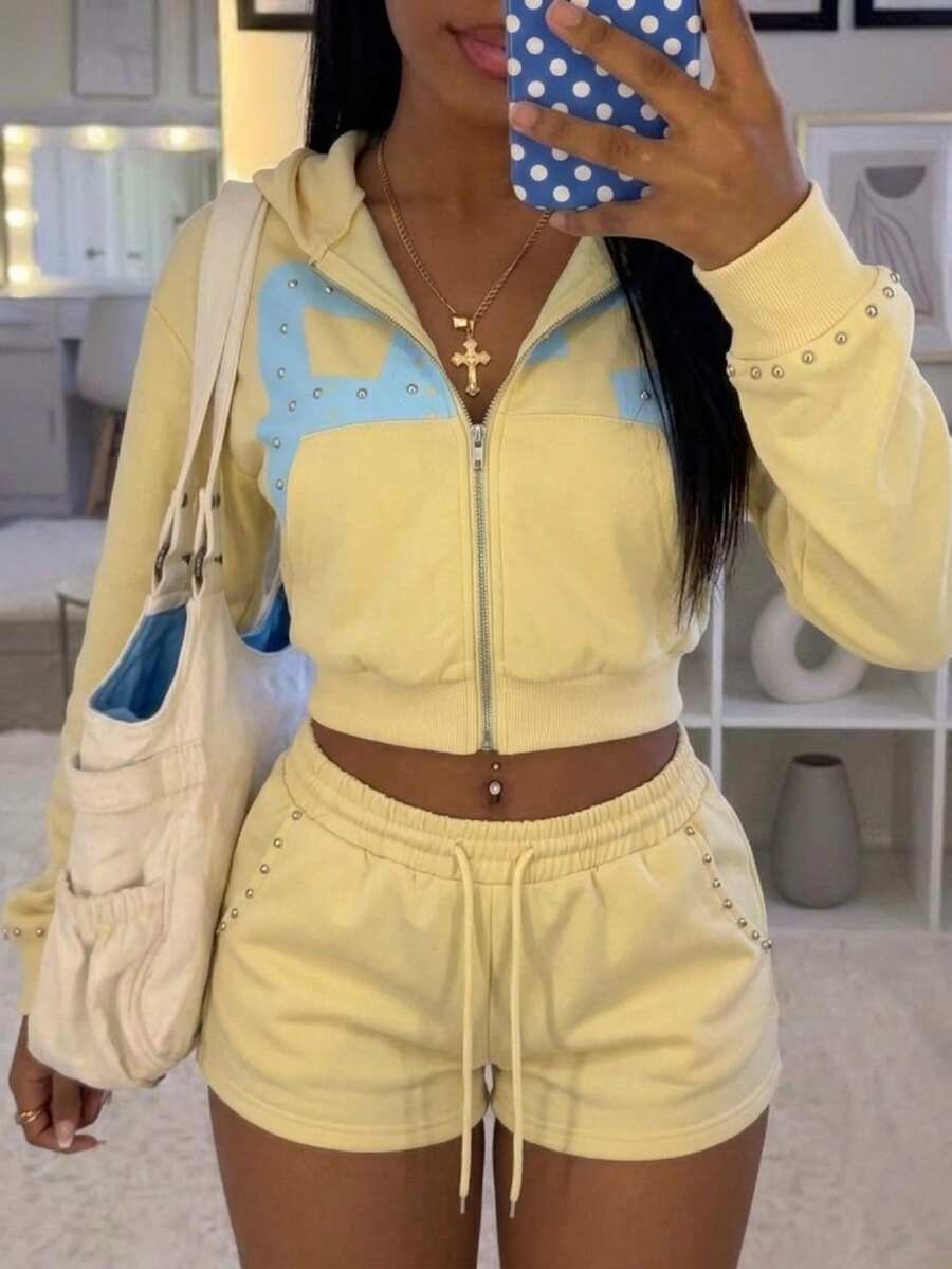 StreetHx Women's Autumn/Winter Y2K 2000s Casual Printed Design Metal Stud Streetwear 2 Pieces Set Everyday Lounge Gym Blue And Yellow Butter Yellow - Yellow - View 1