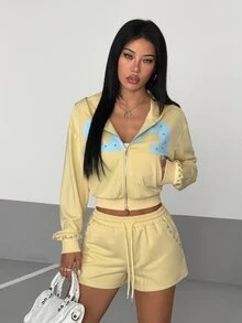 StreetHx Women's Autumn/Winter Y2K 2000s Casual Printed Design Metal Stud Streetwear 2 Pieces Set Everyday Lounge Gym Blue And Yellow Butter Yellow - Yellow - View 4