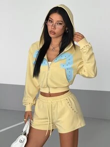 StreetHx Women's Autumn/Winter Y2K 2000s Casual Printed Design Metal Stud Streetwear 2 Pieces Set Everyday Lounge Gym Blue And Yellow Butter Yellow - Yellow - View 6