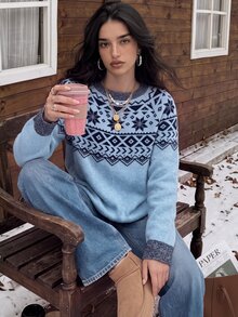 Muchica 女款秋冬新款藍色費爾島幾何圖案休閒寬鬆圓領毛衣，適合外出與街頭穿搭，2026秋冬 - 藍色 - 查看 7