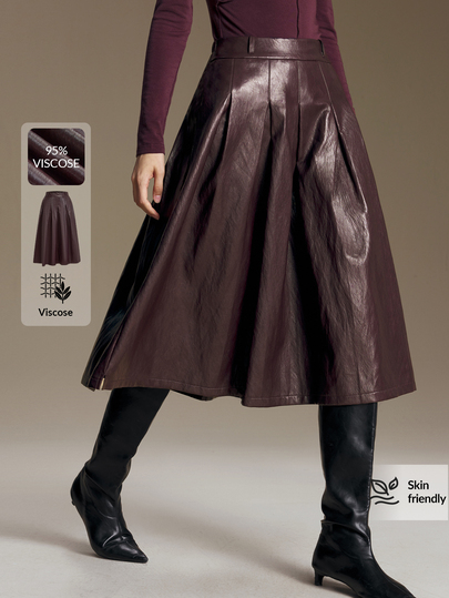Ontre Women's Burgundy PU Skirt With I-Shaped Pleated Design, Modern Urban Fashion Business Casual Office Wear, Low-Key Old Money Style, Elegant High-End Elegant, Commuting High-Quality Airport Outfit, Comfortable Versatile Skirt