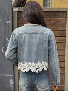 少女秋冬復古藍色牛仔長袖夾克，附蕾絲口袋，適合少女校服、萬聖節穿搭，保暖外套 - 中等水洗藍 - 查看 3