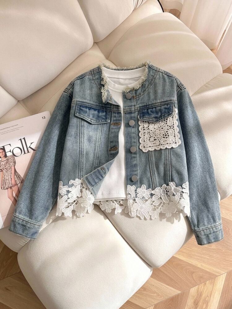 Áo khoác denim xanh vintage dài tay cho bé gái mùa thu/đông, có túi ren, trang phục đi học, trang phục Halloween, áo khoác ấm - Rửa trung bình - Xem 8