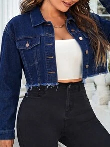 Slaydiva Plus Size Women's Single-Breasted Frayed Edge Casual Normal Simple Versatile Daily Denim Jacket Dates Vacation Navy Blue Autumn - Black - View 3