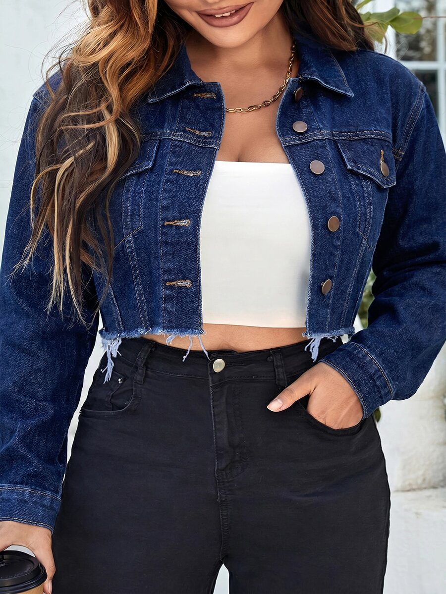 Slaydiva Plus Size Women's Single-Breasted Frayed Edge Casual Normal Simple Versatile Daily Denim Jacket Dates Vacation Navy Blue Autumn - Black - View 1