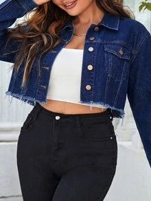 Slaydiva Plus Size Women's Single-Breasted Frayed Edge Casual Normal Simple Versatile Daily Denim Jacket Dates Vacation Navy Blue Autumn - Black - View 6