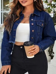 Slaydiva Plus Size Women's Single-Breasted Frayed Edge Casual Normal Simple Versatile Daily Denim Jacket Dates Vacation Navy Blue Autumn - Black - View 5