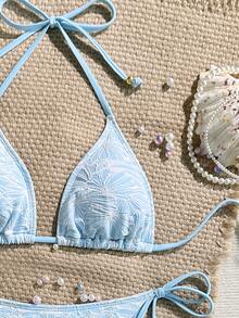 SHEIN Swim 女士花卉纹理面料夏季度假清新少女比基尼套装、沙滩装 - 淺藍色 - 查看 6