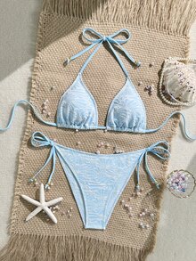 SHEIN Swim 女士花卉纹理面料夏季度假清新少女比基尼套装、沙滩装 - 淺藍色 - 查看 5