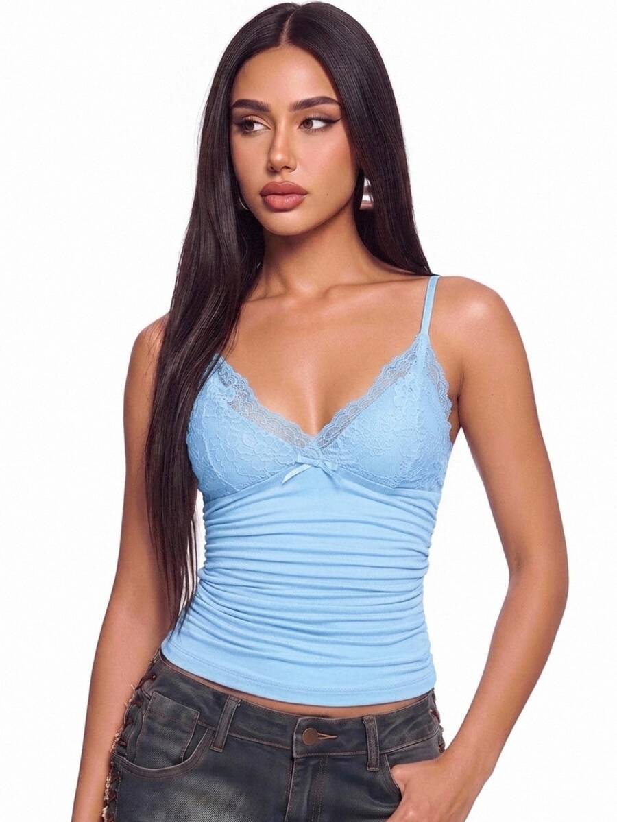 SHEIN ICON Contrast Lace Ruched Cami Top - Baby Blue - View 1