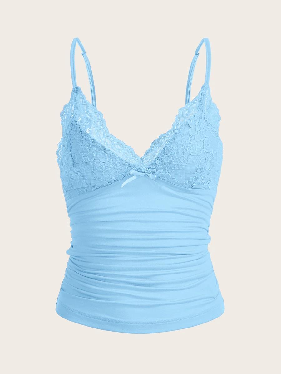 SHEIN ICON Contrast Lace Ruched Cami Top - Baby Blue - View 1