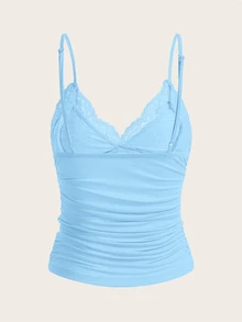 SHEIN ICON Contrast Lace Ruched Cami Top - Baby Blue - View 2