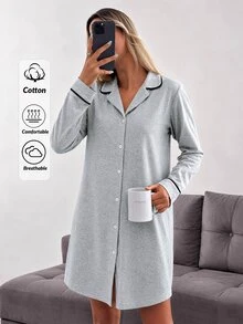 SHEIN Cute Grey Button Front Long Sleeve Casual Sleep Dress - Grey - View 1