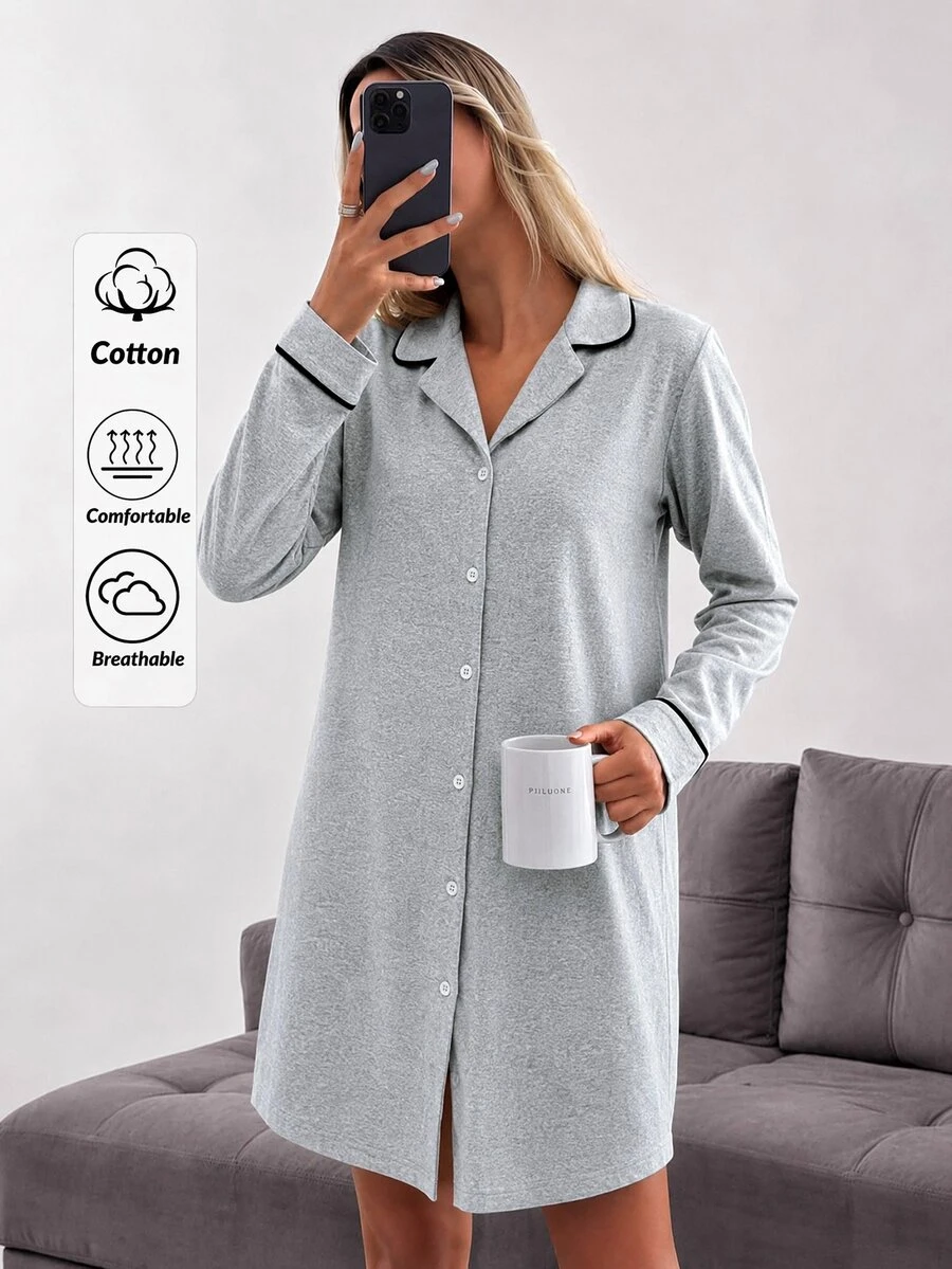 SHEIN Cute Grey Button Front Long Sleeve Casual Sleep Dress - Grey - View 1