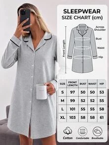 SHEIN Cute Grey Button Front Long Sleeve Casual Sleep Dress - Grey - View 7