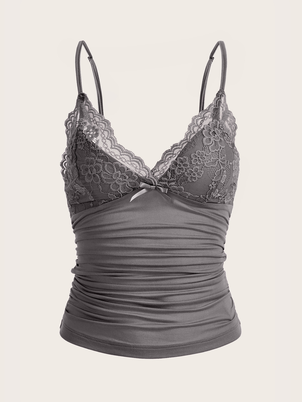 SHEIN ICON 純色蕾絲拼接褶皺修身背心