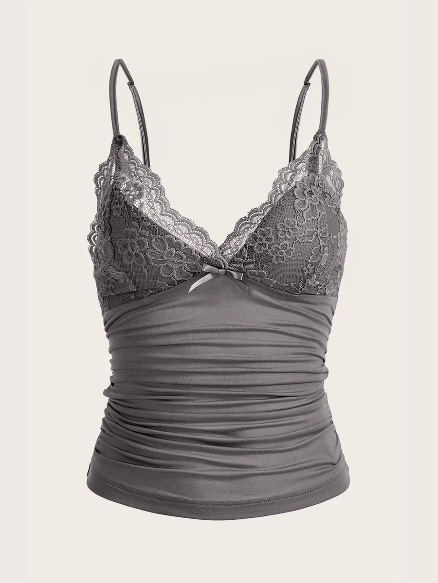 SHEIN ICON Solid Color Lace Spliced Pleats Slim Fit Camisole - Dark Grey - View 1