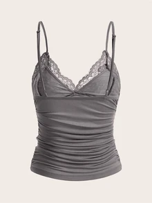 SHEIN ICON Solid Color Lace Spliced Pleats Slim Fit Camisole - Dark Grey - View 2