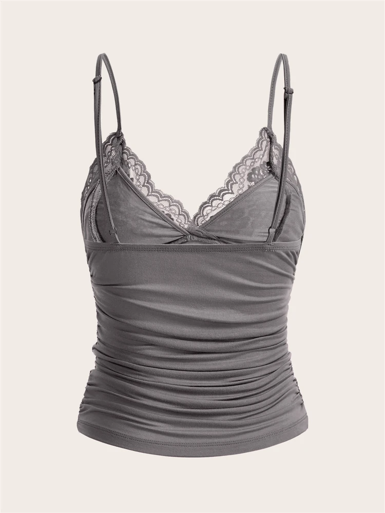 SHEIN ICON Solid Color Lace Spliced Pleats Slim Fit Camisole