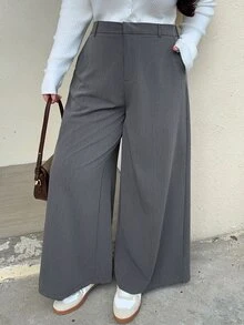 Dazy Plus Plus Size Wide-Leg Solid-Color Elegant Versatile Business Casual Trousers, All Season Fall - Grey - View 7