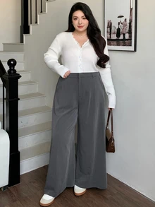 Dazy Plus Plus Size Wide-Leg Solid-Color Elegant Versatile Business Casual Trousers, All Season Fall - Grey - View 5