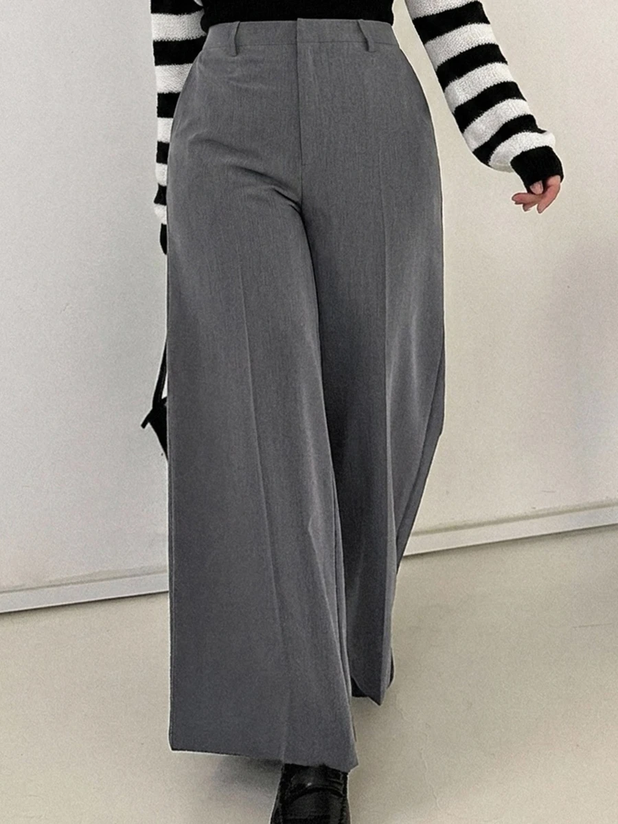 Dazy Plus Plus Size Wide-Leg Solid-Color Elegant Versatile Business Casual Trousers, All Season Fall - Grey - View 1