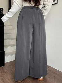 Dazy Plus Plus Size Wide-Leg Solid-Color Elegant Versatile Business Casual Trousers, All Season Fall - Grey - View 2