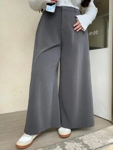 Dazy Plus Plus Size Wide-Leg Solid-Color Elegant Versatile Business Casual Trousers, All Season Fall - Grey - View 3