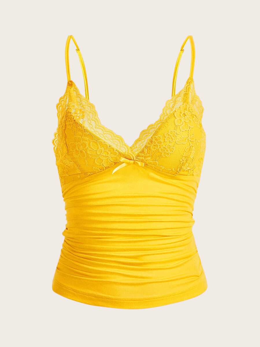 SHEIN ICON Contrast Lace Ruched Cami Top - Yellow - View 1