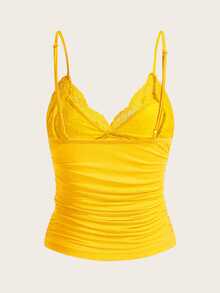 SHEIN ICON Contrast Lace Ruched Cami Top - Yellow - View 2