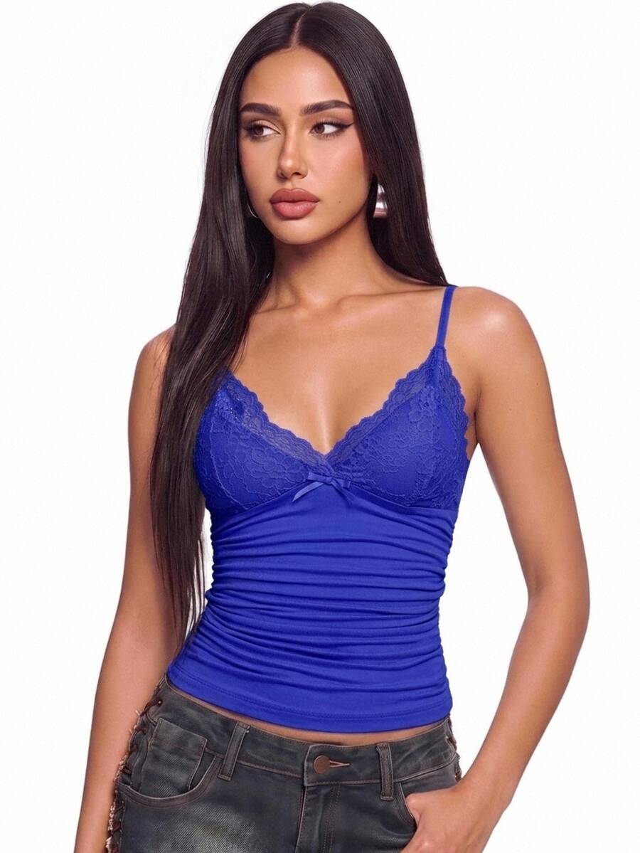 SHEIN ICON 蕾絲面板荷葉邊細肩帶背心上衣 - 寶藍色 - 查看 1