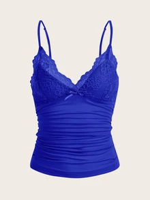 SHEIN ICON Lace Panel Ruffle Trim Spaghetti Strap Camisole Top - Royal Blue - View 1