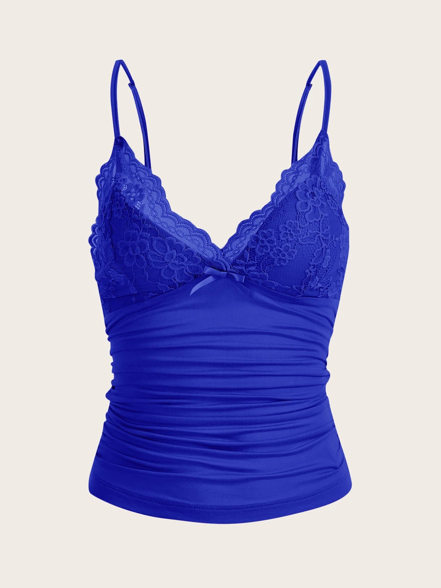 SHEIN ICON Lace Panel Ruffle Trim Spaghetti Strap Camisole Top - Royal Blue - View 1