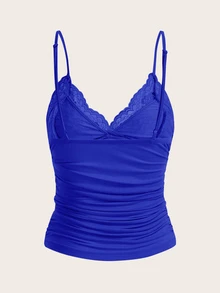 SHEIN ICON Lace Panel Ruffle Trim Spaghetti Strap Camisole Top - Royal Blue - View 2
