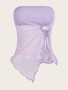 SHEIN ICON Drawstring Side Asymmetrical Hem Mesh Tube Top - Lilac Purple - View 3