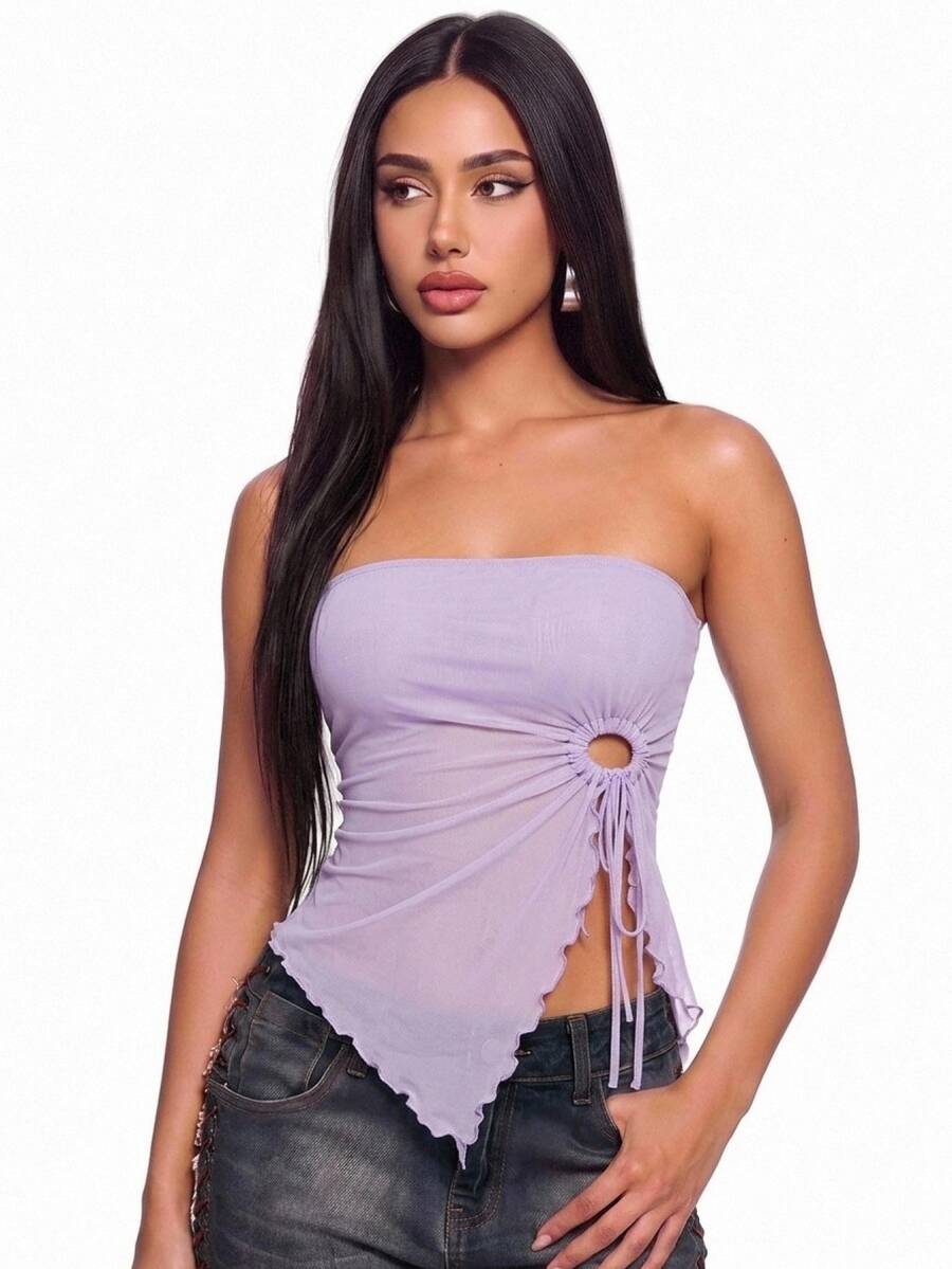 SHEIN ICON Drawstring Side Asymmetrical Hem Mesh Tube Top - Lilac Purple - View 1
