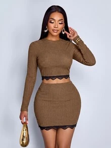 SOLERSUN Sexy Elegant Casual Women's Autumn/Winter Long Sleeve Lace Patchwork Slim Fit Set - Brown - View 8