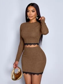 SOLERSUN Sexy Elegant Casual Women's Autumn/Winter Long Sleeve Lace Patchwork Slim Fit Set - Brown - View 4