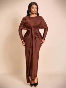 Brilight Sxy Long Sleeve Crew Neck Front Wrap Waist Draped Ruched Bodycon Gown For Wedding Guest Evening Part - Coffee Brown - View 4