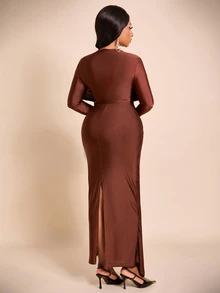 Brilight Sxy Long Sleeve Crew Neck Front Wrap Waist Draped Ruched Bodycon Gown For Wedding Guest Evening Part - Coffee Brown - View 3