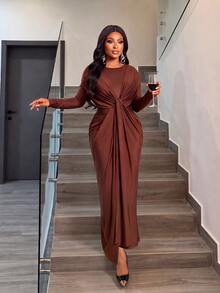 Brilight Sxy Long Sleeve Crew Neck Front Wrap Waist Draped Ruched Bodycon Gown For Wedding Guest Evening Part - Coffee Brown - View 11
