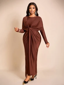 Brilight Sxy Long Sleeve Crew Neck Front Wrap Waist Draped Ruched Bodycon Gown For Wedding Guest Evening Part - Coffee Brown - View 5